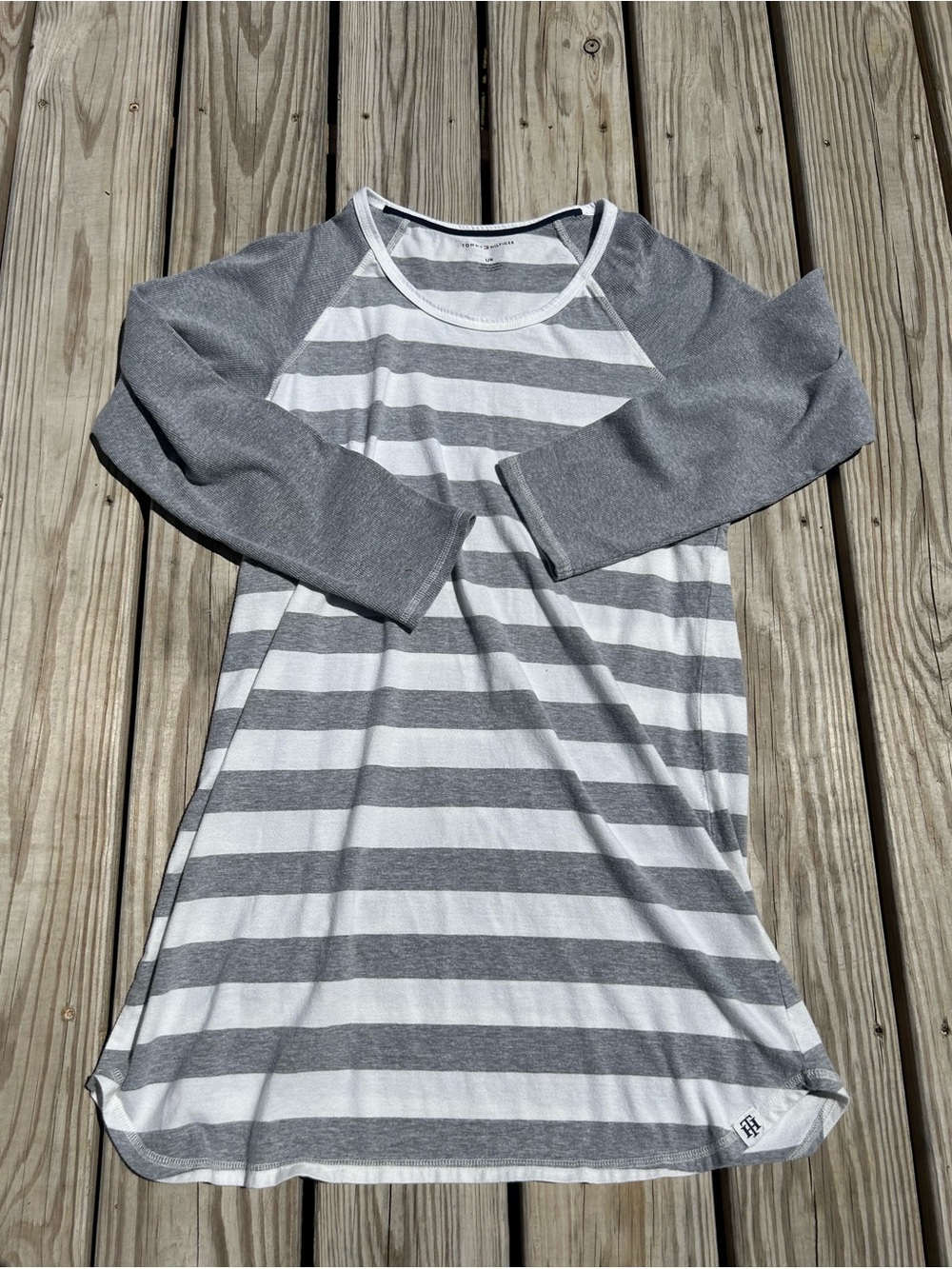 Tommy Hilfiger Women's Long Sleeve Casual T-shirt Dress Grey & White Striped L